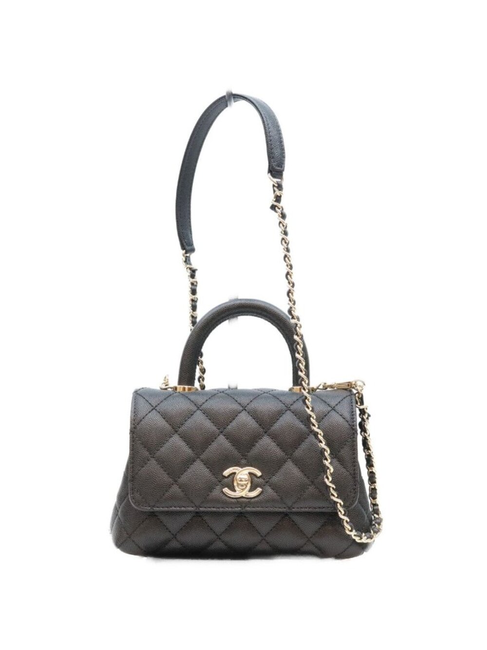 Chanel Black Caviar Leather Champagne Gold Coco Handle 19 XXS Chain Shoulder Bag